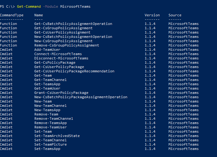 Get-Command -Module MicrosoftTeams