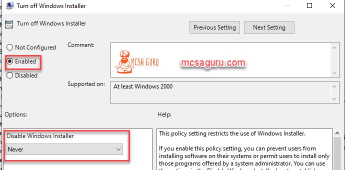 Modify Turn Off Windows Installer Policy